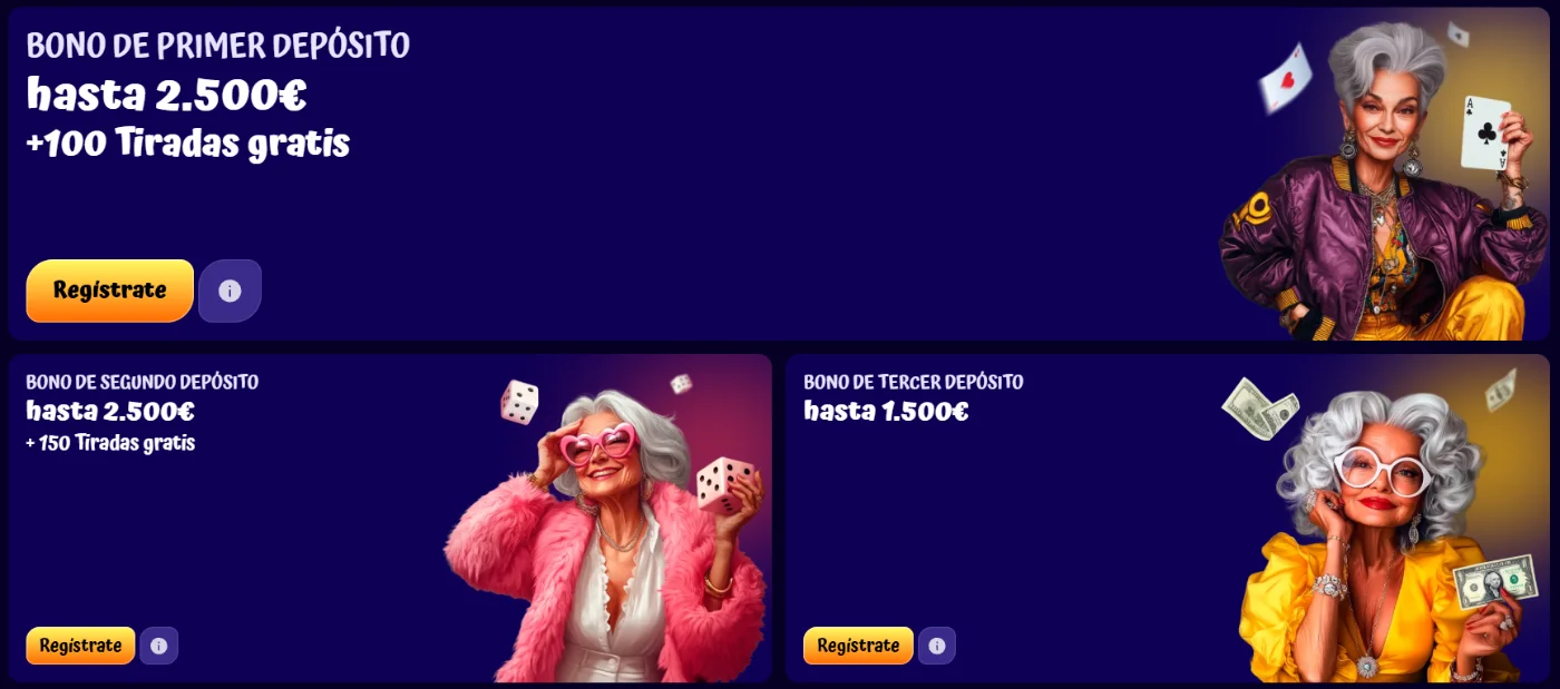 Bonos de depósito de SpinGranny Casino con hasta 2.500 € y 100 tiradas gratis en el primer depósito, hasta 2.500 € y 150 tiradas en el segundo y hasta 1.500 € en el tercero