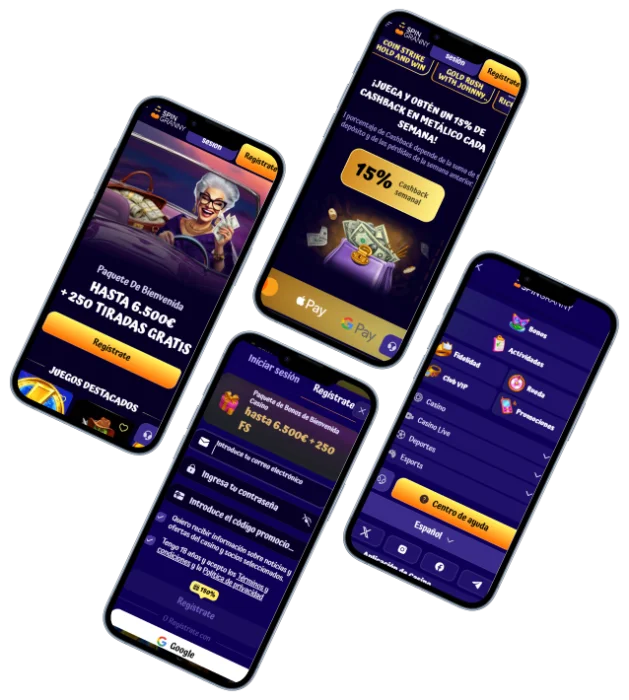 Versión móvil de SpinGranny Casino con bono de bienvenida de hasta 6.500 € y 250 tiradas gratis, registro, cashback semanal, juegos y menú de navegación